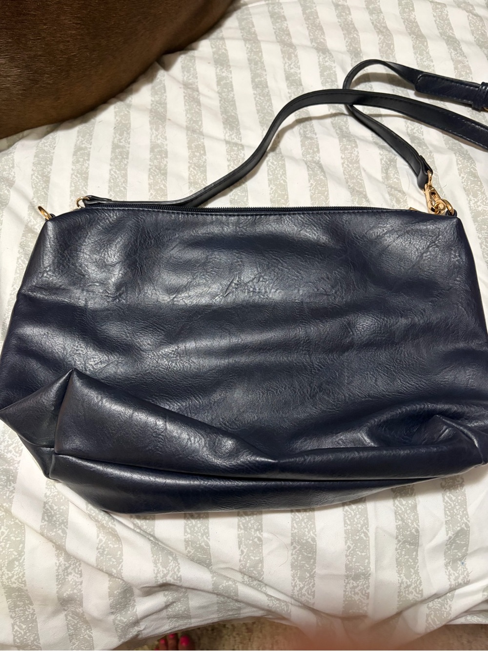 Navy Leather-Style Shoulder Bag with Gold Hardware